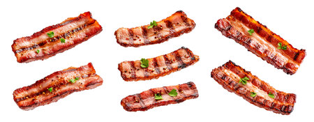 Set of bacon slices garnished with pepper grains, isolated on white transparent background, showcasing a delicious food conceptの素材