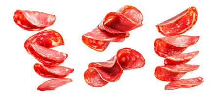 Set of thin slices of Salchichon salami isolated on white transparent background. Concept of cured meat.の素材