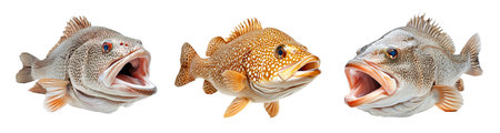 Set of Grouper fish with white spots and intricate fin details isolated on white transparent background, concept of aquatic wildlifeの素材