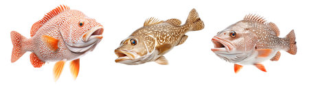 Set of Grouper fish with white spots and intricate fin details isolated on white transparent background, concept of aquatic wildlifeの素材