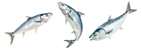 Set of mackerel fish with detailed scales and fins isolated on white transparent background. Concept of seafood and marine lifeの素材