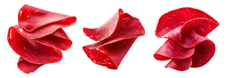 Set of thin slices of cured meat Bresaola with marbled texture isolated on white transparent background, concept of delicacy.の素材