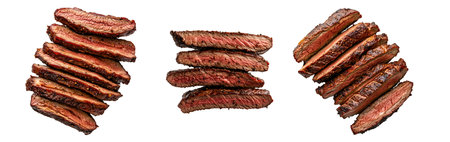 Juicy slices of grilled beef brisket arranged in a row. Well-cooked meat showing texture and char. Isolated on white transparent background. Concept of barbecueの素材