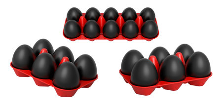 Plastic trays filled with neatly stacked black eggs, isolated on white transparent background. Concept of egg variety and food industryの写真素材