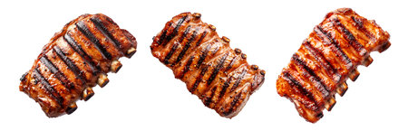 Set of Grilled pork ribs or shoulder with shiny barbecue glaze, charred edges, and seasoning, isolated on white transparent background, concept of delicious foodの素材