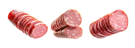 Set of Sliced smoked sausage Andouille showing fine texture and marbling, isolated on white transparent background, concept of deli meatの素材