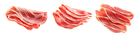 Jamon Iberico cured ham slices with marbled texture, isolated on white transparent background. Concept of cured meats.の素材