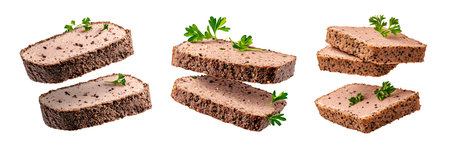 Set of Slices of seasoned Pate Liver Meat loaf stacked and garnished with fresh parsley, isolated on white transparent background, concept of delicious foodの素材