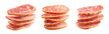 Set of Slices of salami in mid-air isolated on white transparent background, concept of gourmet food and delicacy.の素材