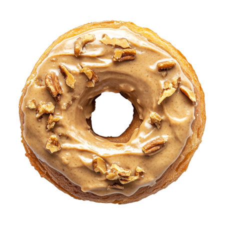 Tasty donut with glossy maple glaze and crushed pecans on top, isolated on white transparent background, concept of sweet dessert treatの素材
