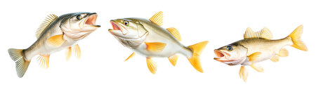 Set of Freshwater Walleye fish with vivid golden fins and detailed scales isolated on white transparent background.の素材