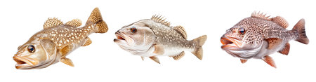 Set of Grouper fish with white spots and intricate fin details isolated on white transparent background, concept of aquatic wildlifeの素材