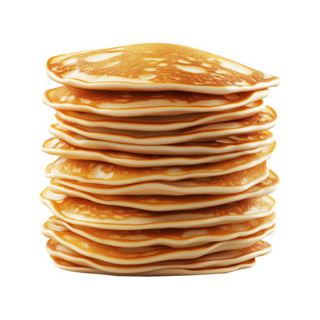 Fluffy stack of golden brown pancakes, isolated on white transparent background. Concept of breakfast, bakery, and homemade foodの素材