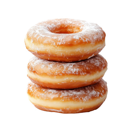 Sweet glazed donuts stacked on top of each other, isolated on white transparent background. Concept of dessert and indulgenceの素材