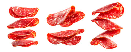 Set of Sliced Catalan sausage Fuet isolated on white transparent background. Concept of cured meats.の素材
