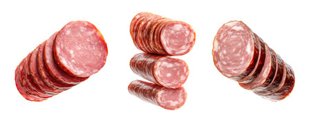 Set of Sliced smoked sausage Andouille showing fine texture and marbling, isolated on white transparent background, concept of deli meatの素材