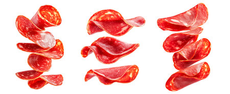 Set of thin slices of Salchichon salami isolated on white transparent background. Concept of cured meat.の素材