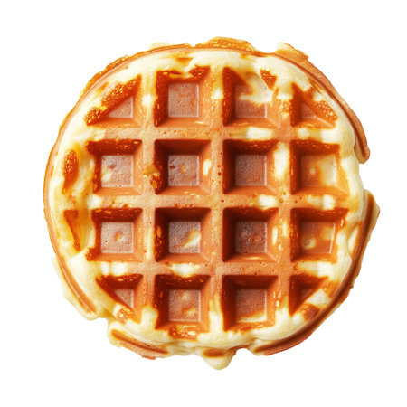 Close-up of golden brown waffle with crispy edges and soft texture, isolated on white transparent background, concept of delicious breakfast foodの素材