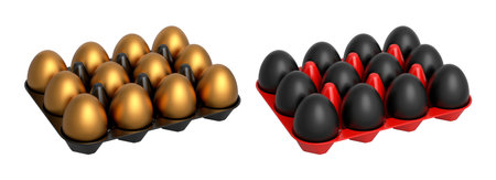 Plastic trays filled with neatly stacked gold and black eggs, isolated on white transparent background. Concept of egg variety and food industryの写真素材