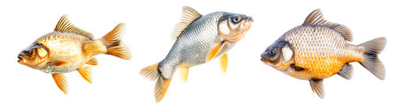 Set of fresh Crucian carp fish with detailed scales and fins, isolated on white transparent background, concept of aquatic lifeの素材