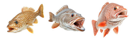 Set of Grouper fish with white spots and intricate fin details isolated on white transparent background, concept of aquatic wildlifeの素材