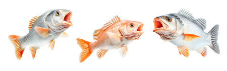 Set of Golden Perch fish with open mouth, detailed fins and scales isolated on white transparent background. Concept of marine wildlife and fishingの素材