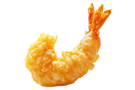 Deep fried shrimp tempura in golden batter, isolated on white transparent background, concept of Japanese cuisine delicacyの素材