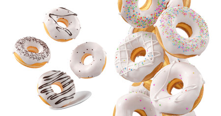 Donuts with white chocolate glaze, sprinkles, white drizzle, and dots isolated on white transparent background. 3d rendering and illustration of dessert varietyの写真素材