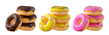 Assorted donuts with colorful icing, sprinkles, and chocolate isolated on white transparent background. 3d rendering and illustration of dessert varietyの写真素材