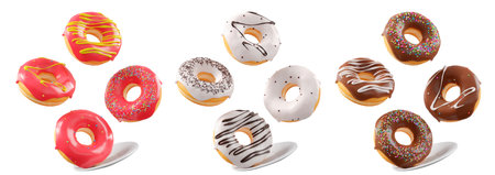 Assorted donuts with colorful icing, sprinkles, and chocolate isolated on white transparent background. 3d rendering and illustration of dessert varietyの写真素材