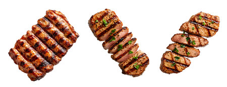 Set of Grilled pork tenderloin slices with shiny barbecue glaze and seasoning isolated on white transparent background, concept of delicious foodの素材