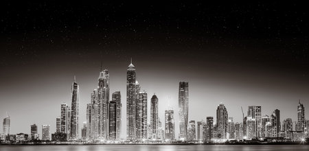 Urban city skyline with illuminated skyscrapers and waterfront railing in black and white at night, concept of urban development, Dubai Marina bay UAEの写真素材