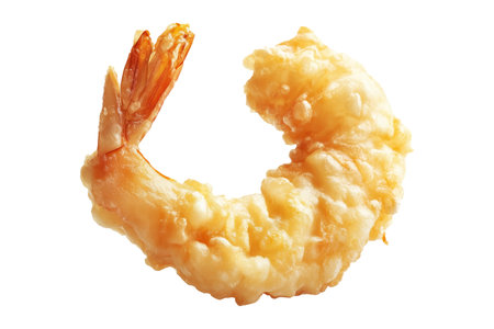 Deep fried shrimp tempura in golden batter, isolated on white transparent background, concept of Japanese cuisine delicacyの素材