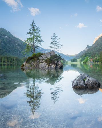 Mountain landscape and view of beautiful Hintersee lake in Berchtesgaden National Park, Upper Bavarian Alps, Germany, Europe. Beauty of nature concept background.の写真素材