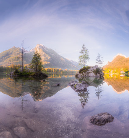 Mountain landscape and view of beautiful Hintersee lake in Berchtesgaden National Park, Upper Bavarian Alps, Germany, Europe. Beauty of nature concept background.の写真素材