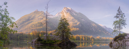 Mountain landscape and view of beautiful Hintersee lake in Berchtesgaden National Park, Upper Bavarian Alps, Germany, Europe. Beauty of nature concept background.の写真素材