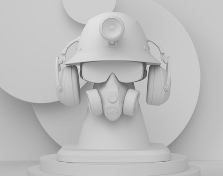 Abstract scene or podium with helmet, headphones and gas mask on monochrome. 3d render of scene for product presentation carpenter tool for repair and building on stage, pedestal or platformの写真素材