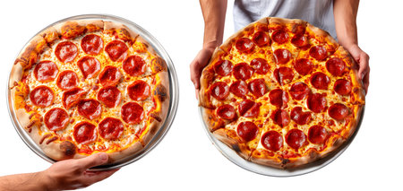 Hand holding New Haven-Style pizza isolated on white transparent background. Concept of fast food and homemade pizza.の素材