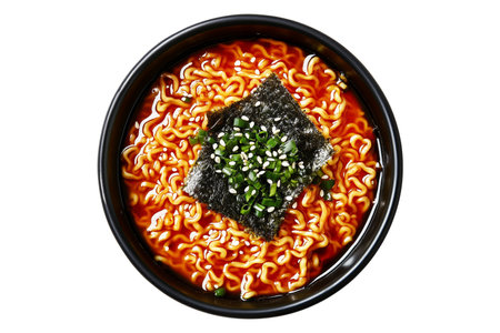 Hot spicy Korean red miso ramen with seaweed, scallions, and sesame seeds in black bowl, top view, isolated on white background. Concept of Asian fast food mealの素材