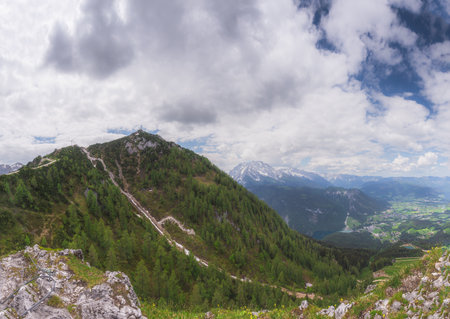 Beautiful view of mountain valley near Klettersteige am Jenner mount in Berchtesgaden National Park, Upper Bavarian Alps, Germany, Europe. Beauty of nature concept background.の写真素材