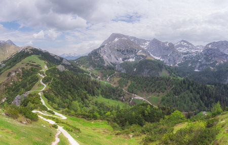 Beautiful view of mountain valley with tracks near Jenner mount in Berchtesgaden National Park, Upper Bavarian Alps, Germany, Europe. Beauty of nature concept background.の写真素材