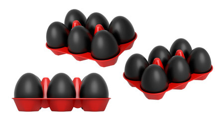 Plastic trays filled with neatly stacked black eggs, isolated on white transparent background....