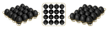 Metal trays filled with neatly stacked black eggs, isolated on white transparent background. Concept...