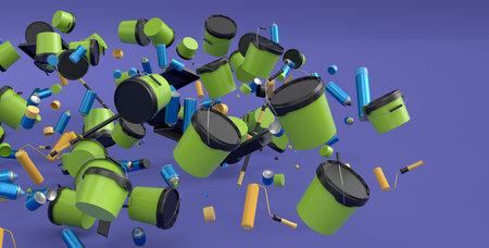 Many of flying plastic cans or buckets with paint roller, brush on violetの写真素材