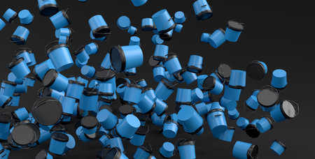 Many of flying plastic cans or buckets on black background.