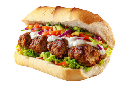 Burger with meatballs and vegetables isolated on a white background.の素材