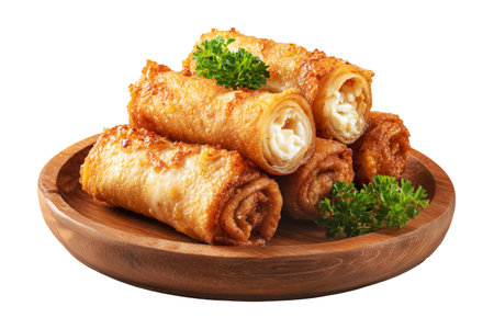 Australia Chiko Roll or crispy fried chicken wrap stuffed with melted cheese, bell peppers, and meat on wooden plate, isolated on white transparent backgroundの素材