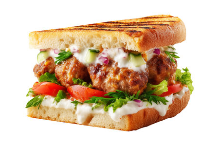 Sandwich with meatballs and vegetables on a white background. Isolatedの素材