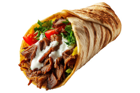 Grilled doner kebab wrap filled with sliced meat, lettuce, tomato, and sauce, captured isolated on white transparent background. Traditional Arabic foodの素材