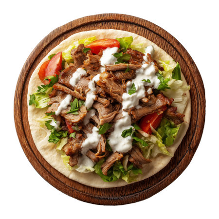Tasty shawarma wrap in flatbread filled with grilled beef, lettuce, tomato, pickles with garlic sauce on rustic wooden plate, isolated on white background, concept of fast foodの素材